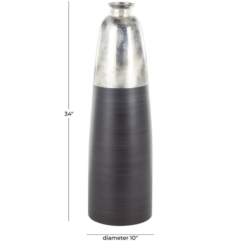Black Glass Tall Brushed Two-Toned Floor Decorative Vase with Textured Silver Top