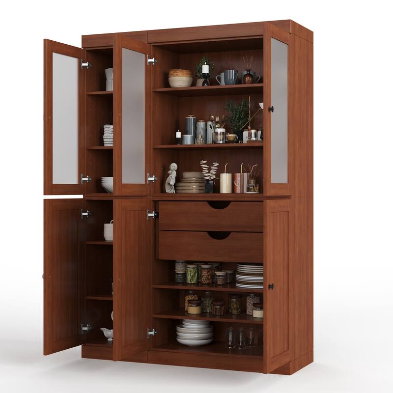 Palace Imports 100% Solid Wood 48.5" Pantry Cabinet with Frosted Glass, Shaker Doors, 2-Drawers and Adjustable Shelves
