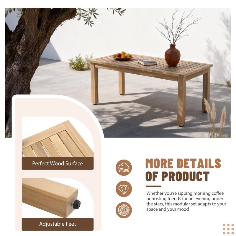 Outdoor Conversation Set Sectional Sofa 7-Piece Patio 3-Seater Modular Sofa Coffee Table Wicker Rattan Acacia Wood with Ottoman