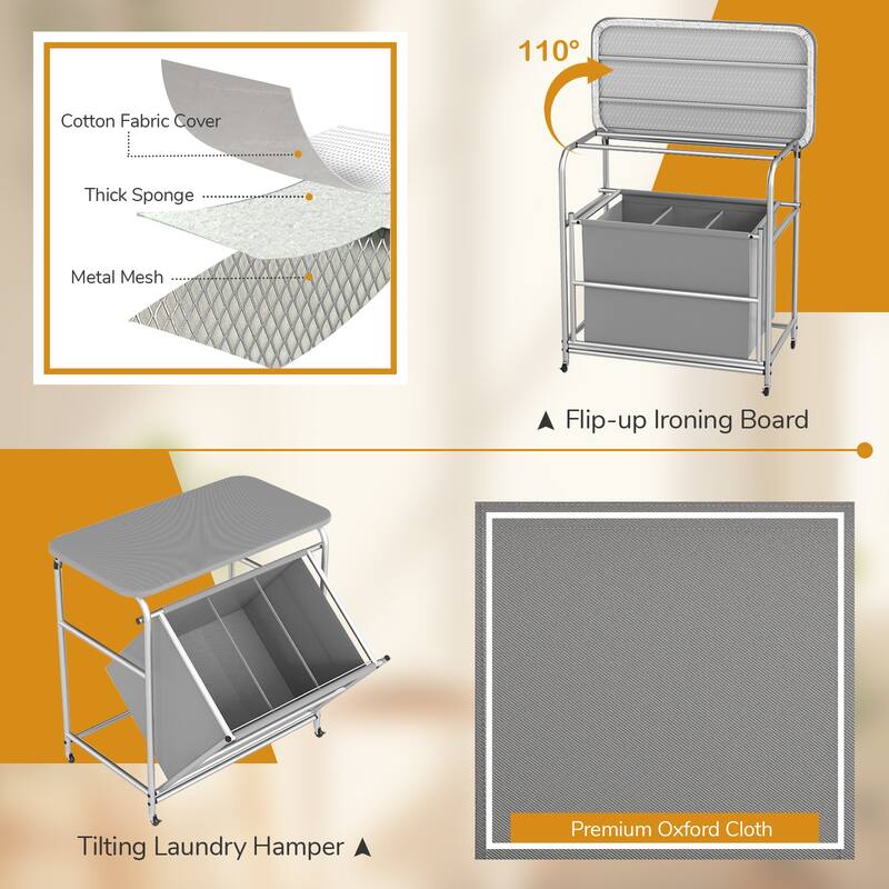 Gymax 3-Section Laundry Sorter w/ Foldable Ironing Board w/ 3