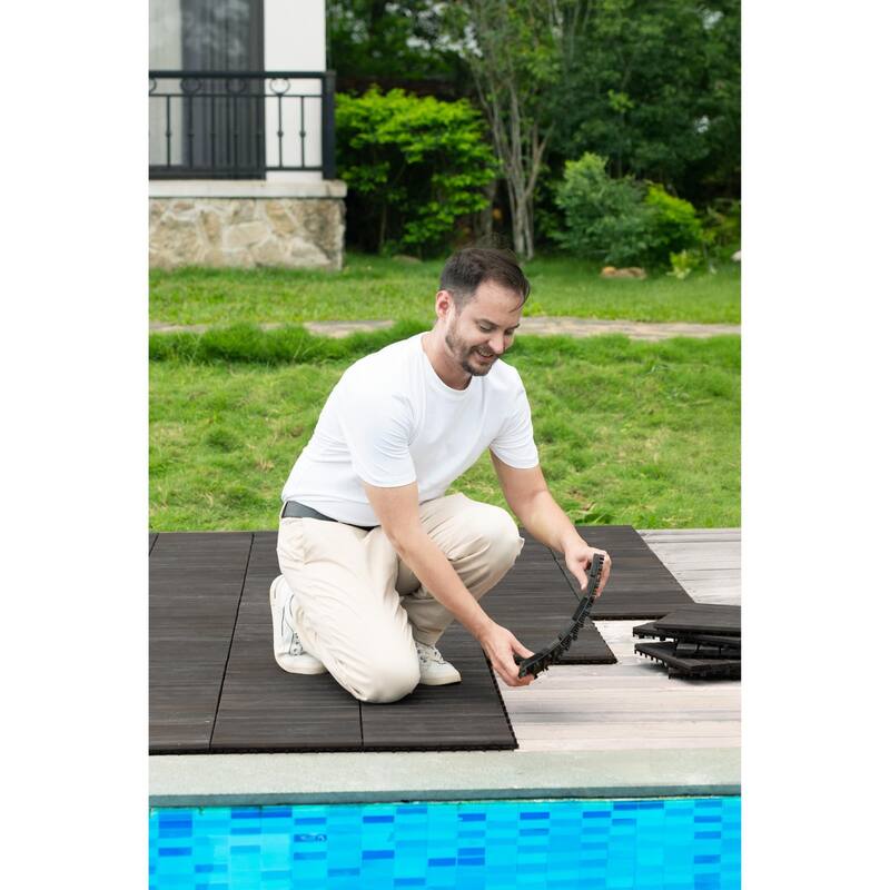 10 PCS Interlocking Deck Tiles Striped Pattern, 12" x 12" Square Acacia Hardwood Outdoor Flooring for Patio,Bancony,Pool Side