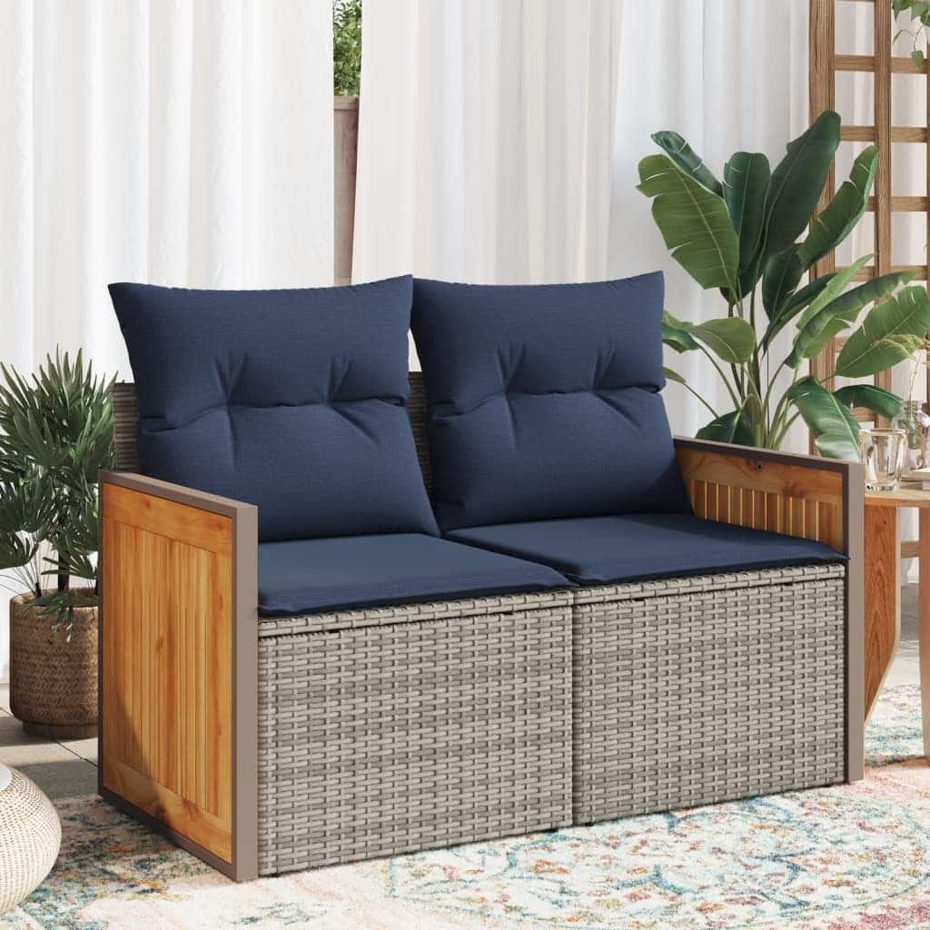 vidaXL Patio Sofa with Cushions 2-Seater Gray Poly Rattan - 46.5" x 24.4" x 27.2"