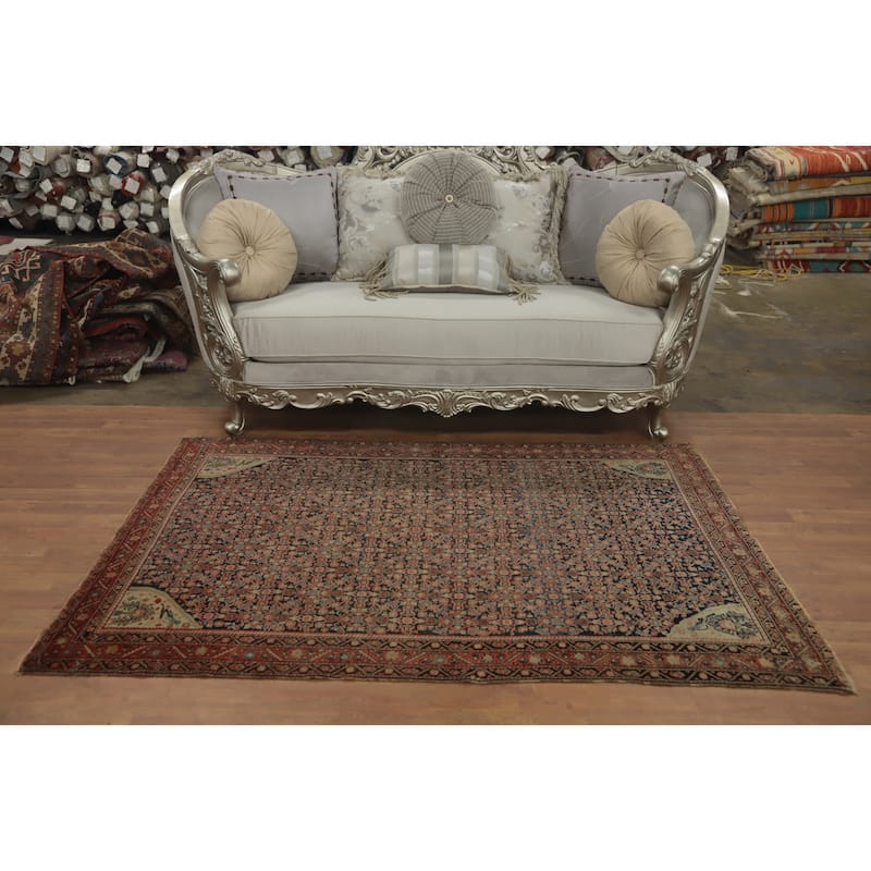 Hand Knotted Oriental 100% Wool Carpet Traditional All-Over Navy Blue & Blues Malayer Area Rug - 6' 5'' X 4' 5''