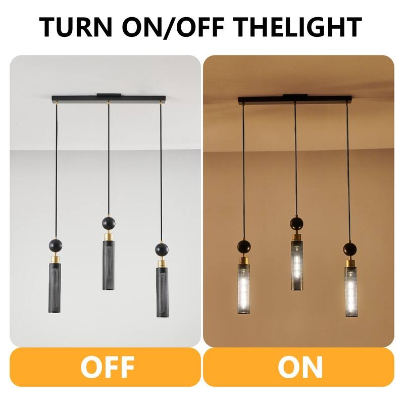 Modern Black and Gold 3-Light Pendant Chandelier, Adjustable Hanging Lights with Cylindrical Mesh Shades, E26 Base, Dining Room