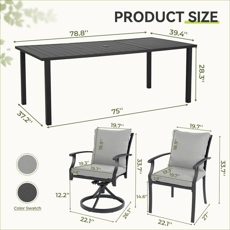 IvyGlow 9-Piece Black Metal Patio Dining Set with Rectangular Table, 2 Swivel Dining Chairs and Gray Cushions