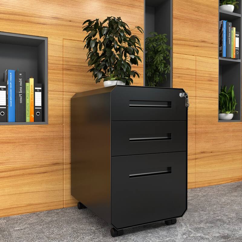 Modern Polygon 3-Drawer Wheeled Steel File Cabinet