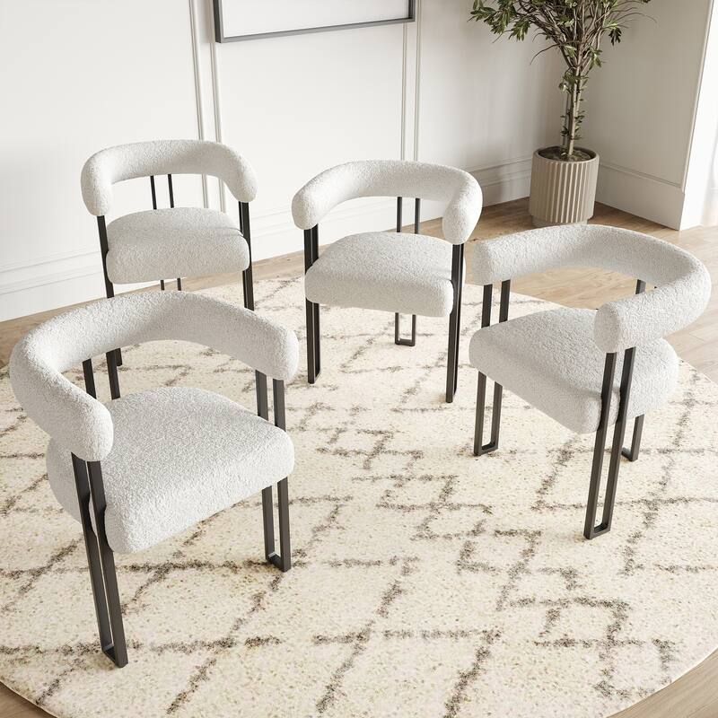 Set of 2 Upholstered Dining Chairs, Bouclé Fabric Accent Chairs with Metal Frame, with Cushioned Seat & Back