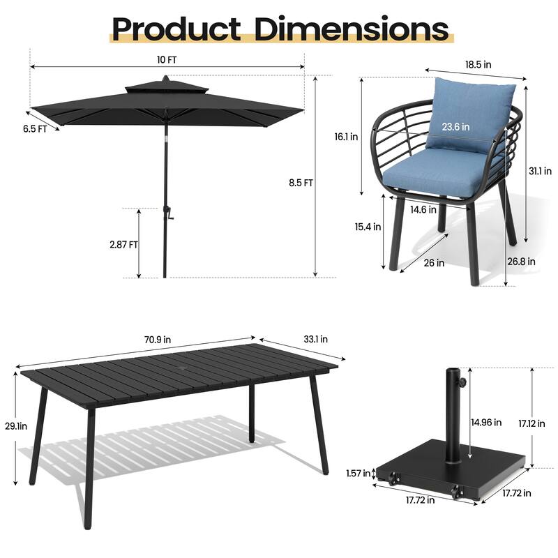 9PC Outdoor Patio Dining Set Aluminum Table with Sunbrella Cushion Chairs w/ Premium Market Umbrella Sets
