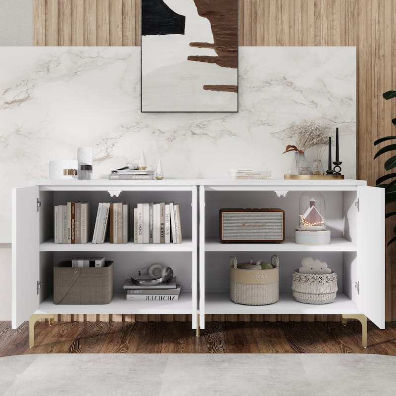 Creative carved 4-door Sideboard Handleless Press-to-Open Design Buffet Cabinet for Dining Room,Living Room, Bedroom, Hallway