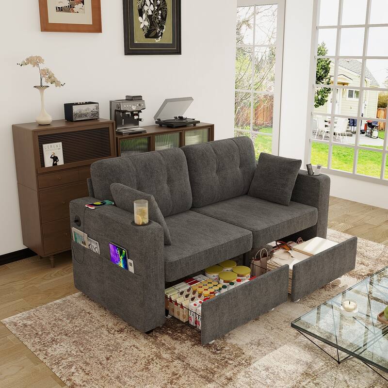 67.76" Chenille 3-Seater Sofa with USB Ports and Storage - Grey