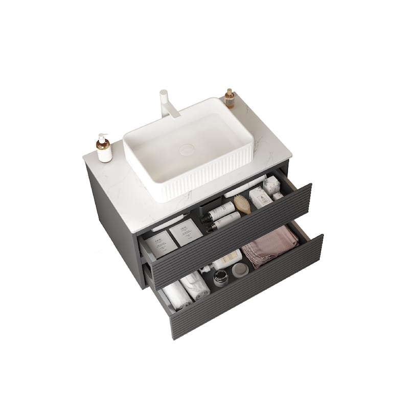 GDFStudio - Vedo Modern Floating Bathroom Vanity with Striped Drawer Fronts & White Ceramic Vessel Sink, WITHOUT Faucet