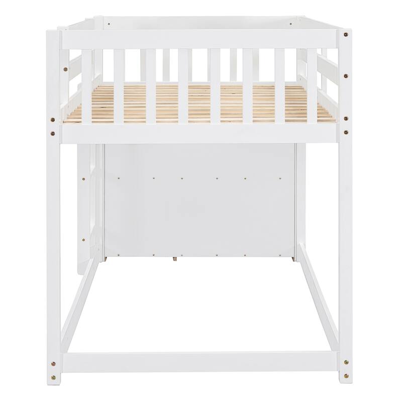 Twin Over Twin Bunk Bed with 4 Drawers and 3 Shelves, White