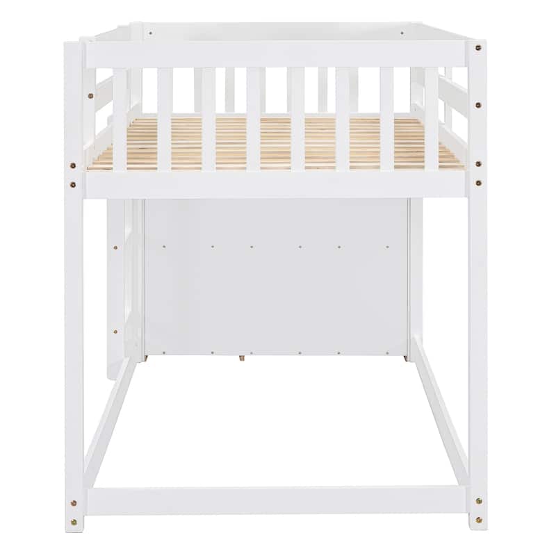 Twin over Twin Bunk Bed with 4 Drawers and 3 Shelves-White