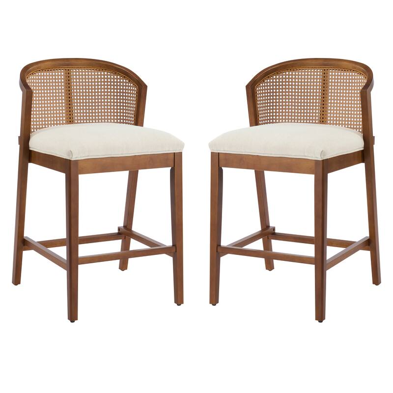 Roomfitters Tatti Indoor Wooden Counter Stools with Rattan Back and Beige Upholstery, Set of 2 - Set of 2 - Beige,Walnut