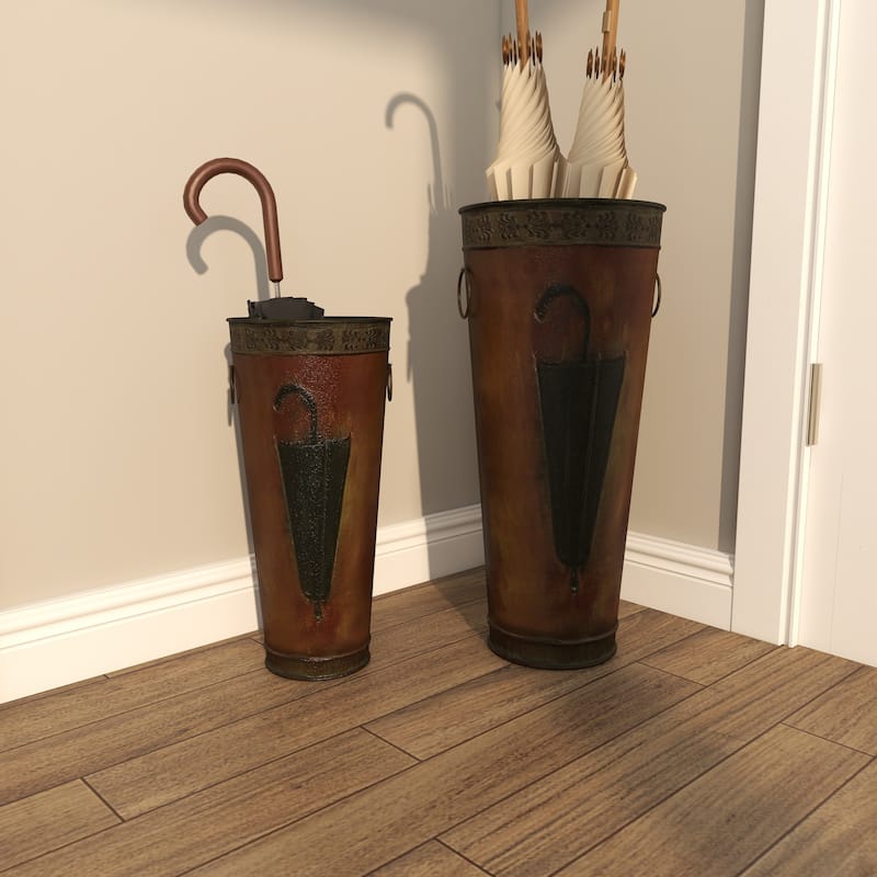 Metal Umbrella Stand with Umbrella Image and Handles - Set of 2 Brown or Black - Roche River Decor