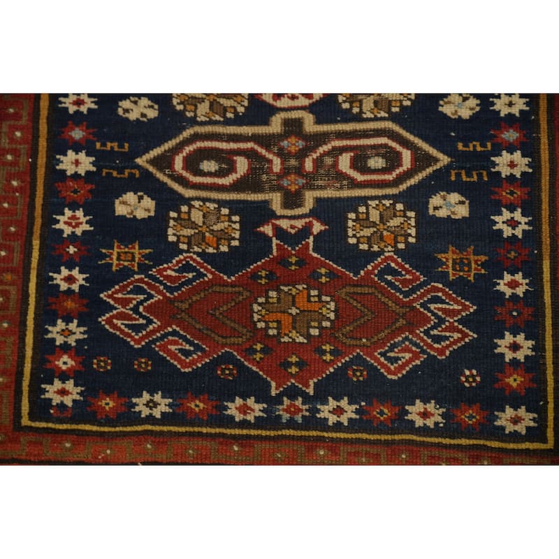 Hand Knotted Oriental 100% Wool Carpet Traditional Geometric Navy Blue & Blues Kazak Area Rug - 4' 7'' X 3' 6''