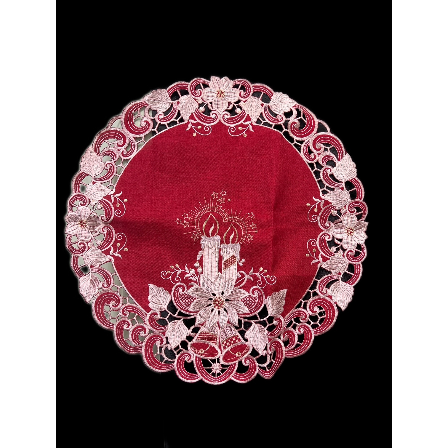 Poinsettia Embroidered Cutwork Round Placemat, 23-Inch diameter