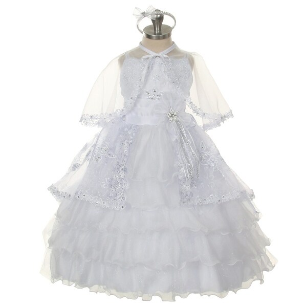 Rain Kids Little Girl White Organza Rhinestone Baptism Cape Dress 2T-6