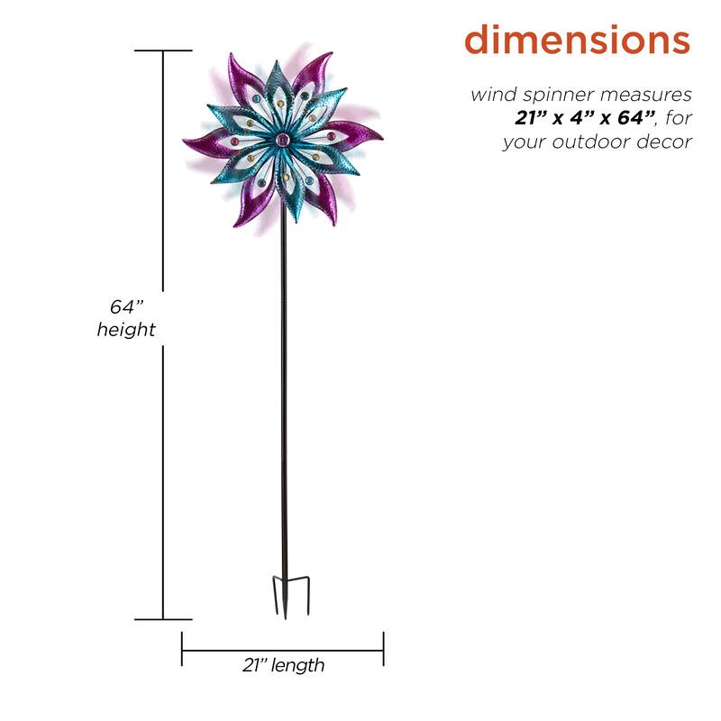Alpine Corporation 64" Tall Outdoor Floral Windmill Stake with Gems Kinetic Spinner, Purple and Aqua
