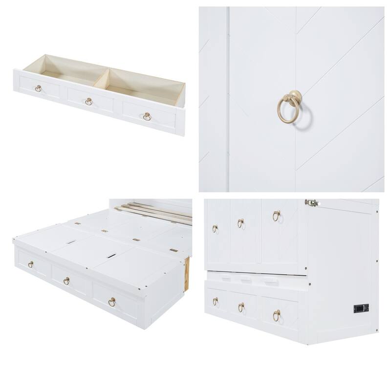 Full Size Wood Murphy Bed with USB Port Module and Drawer
