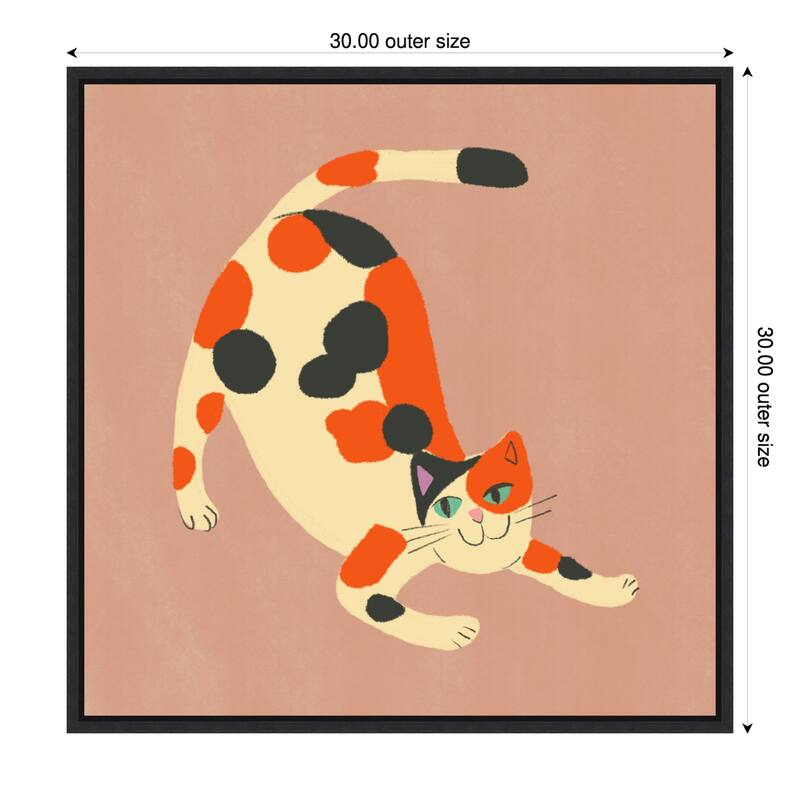 Playful Calico Cat by Little Dean Framed Canvas Wall Art - 30 x 30 in