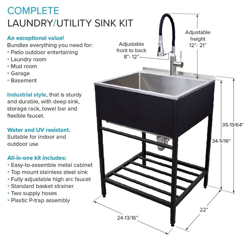 Transolid TFH-2522 25-in. Stainless Steel Laundry Sink with Wash Stand
