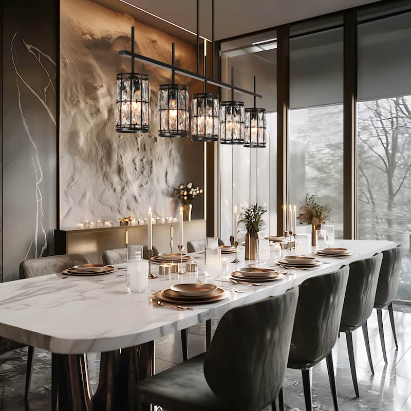 Aulia Modern 5-Light Crystal Chandelier Linear Black Kitchen Island Lights - L 45.6" x D 4.5" x H 15.5"