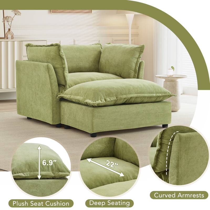 47" Cozy Upholstered Armchair with Movable Ottoman, Wide Seat, Curved Armrests and Soft Pillows