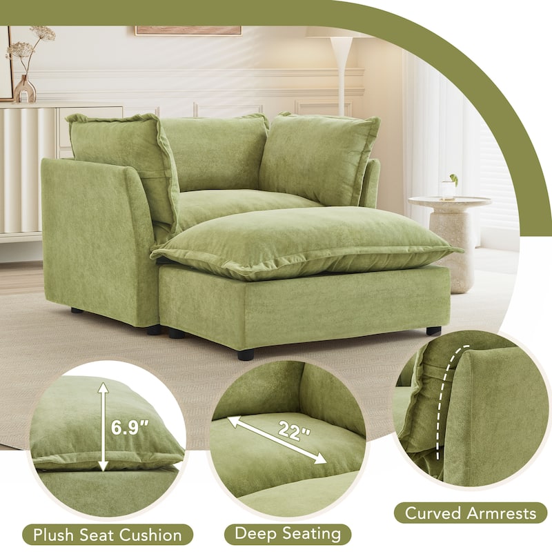 Chenille Single Sofa Chair with Ottoman, Modern Oversized Accent Chair for Reading, Living Room Curved Armrests Chairs
