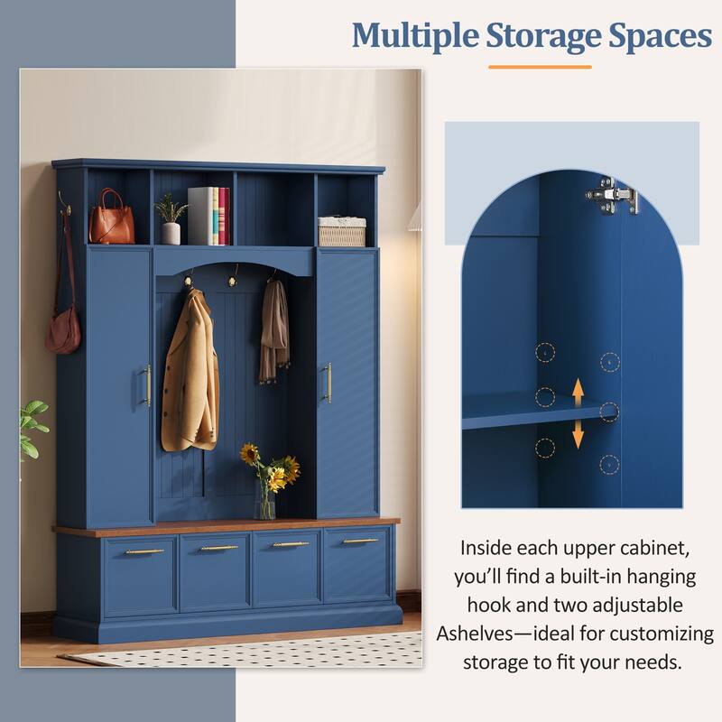 59" Farmhouse Hall Tree - 4-in-1 Entryway Bench with Golden Hooks, Adjustable Shelves & Shoe Storage