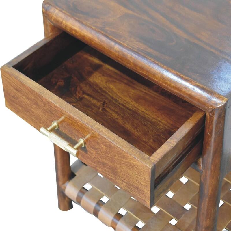 HomeRoots 20" Chestnut Solid Wood One Drawer Nightstand With Leather Shelf