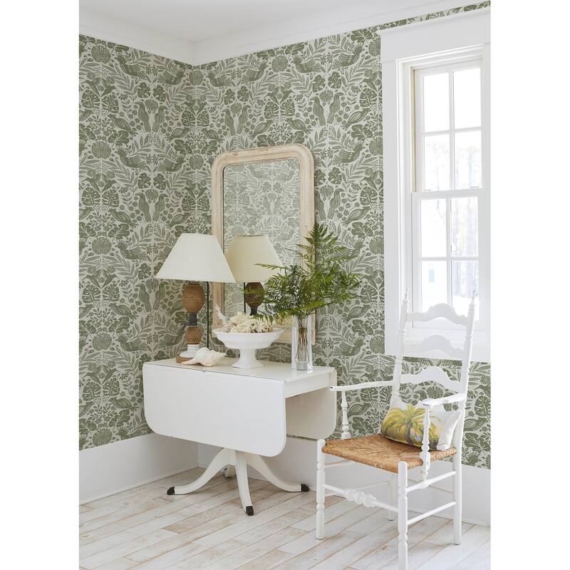 A-Street Prints Nestle Green Bird Block Print Wallpaper