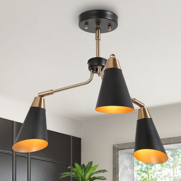 slide 2 of 6, Modern 3-Light Semi-Flush Ceiling Light Metal Black Gold Chandeliers - 22"Dia x 14.5"H