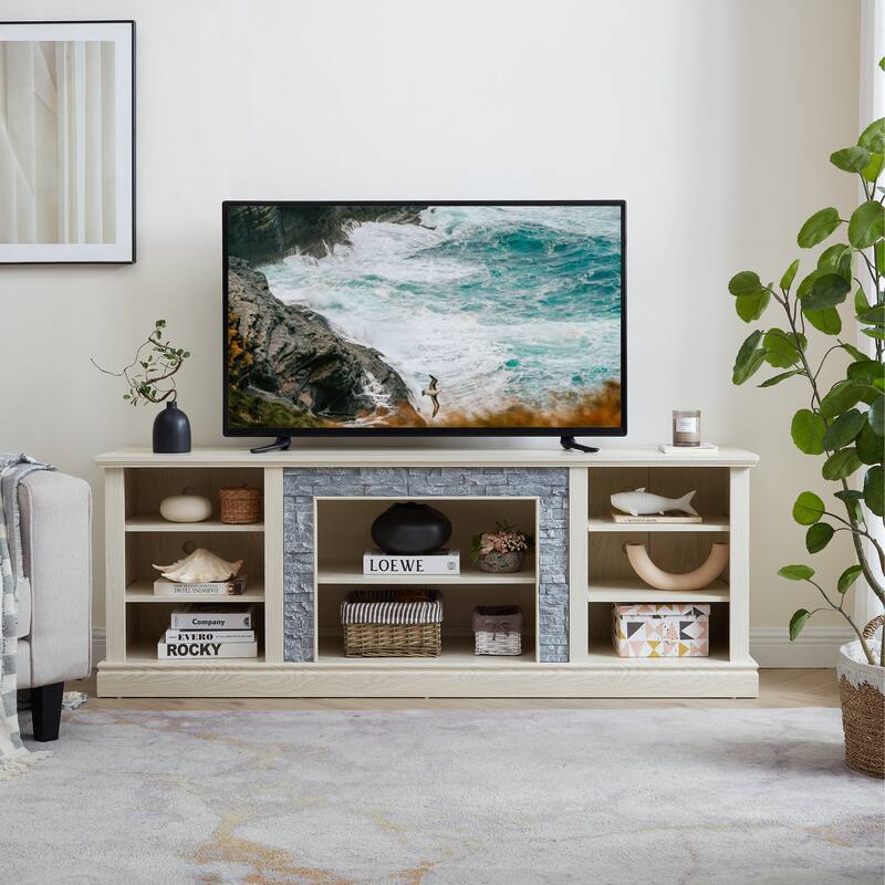 Large TV Desk Storage Rack with Faux Stacked Stone Surround,Media Console Table with Large Storage Cabinet - White