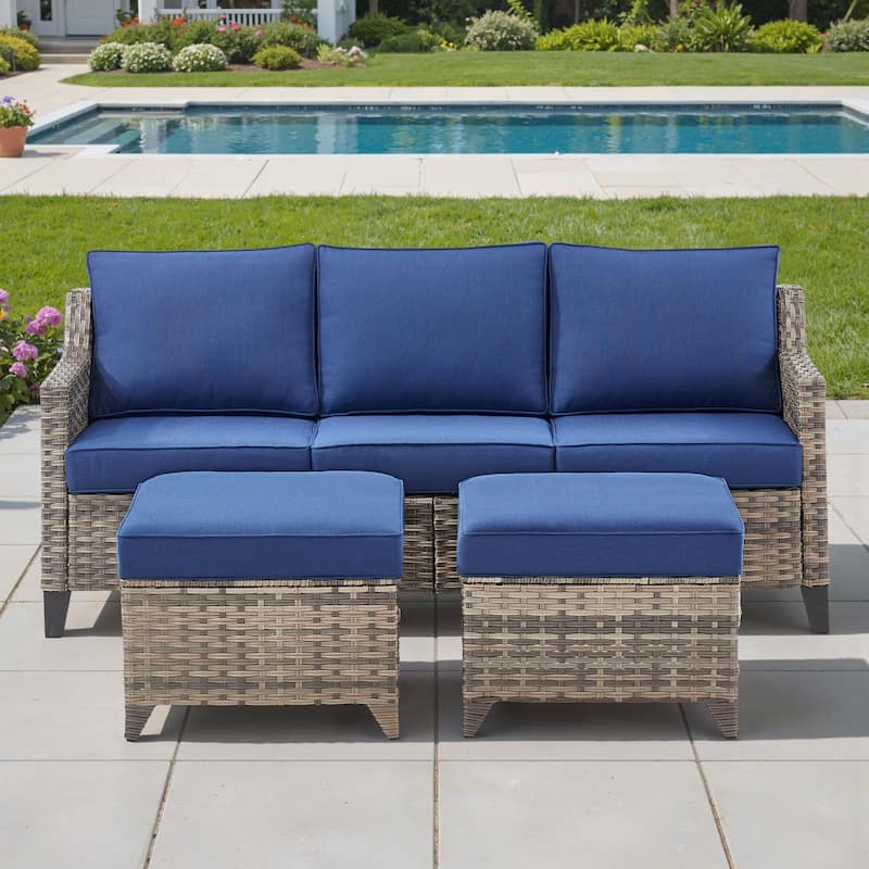 Pocassy Outdoor All-Weather Outdoor Sofa, Swivel Chair, Ottoman Sets - Grey Wicker Blue Cushion - 3 Pieces Sofa with Ottoman