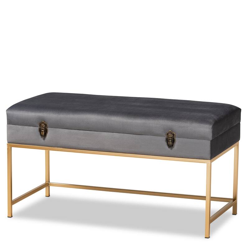 Aliana Glam and Luxe Velvet and Gold Metal Large Storage Ottoman - Grey