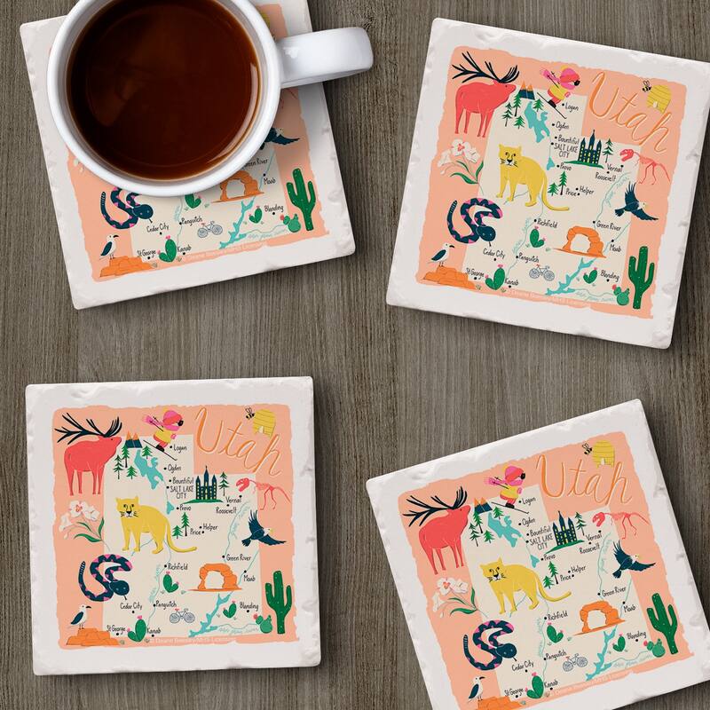Utah Home 4-Pack Absorbent Stone Coasters with Protective Cork Backing 4" Square Made in The USA Artistic Easily Wipes Clean