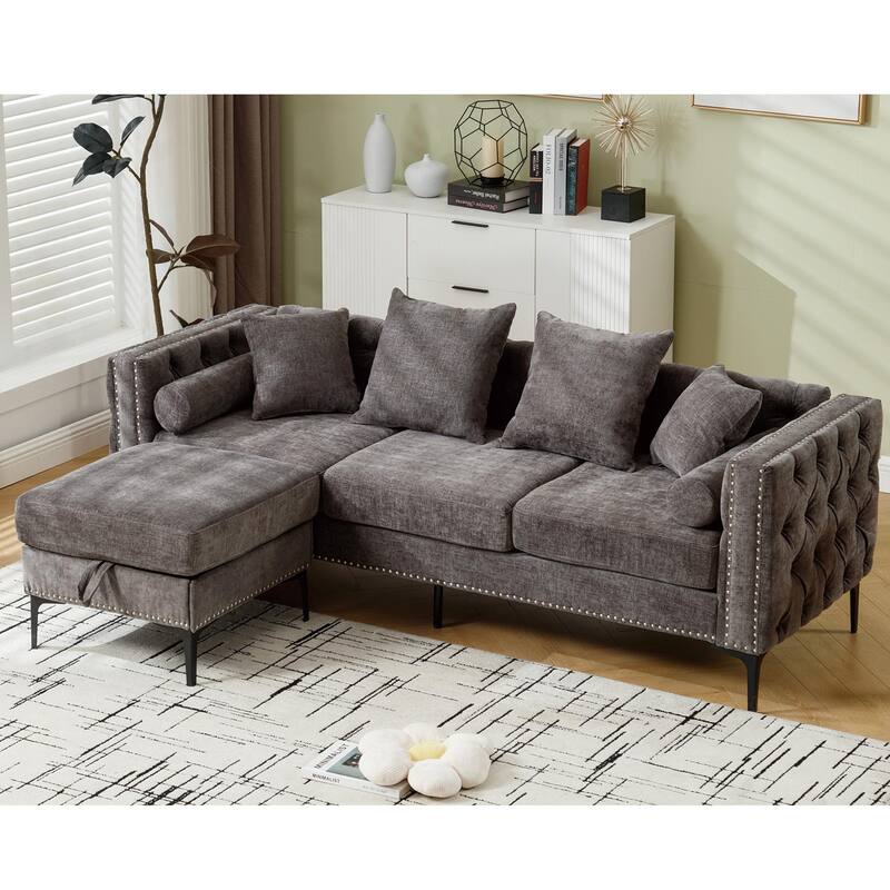 85'' L-Shaped 4 Seater Sectional Sofa with Convertible Storage Ottoman, Pillows, Solid Wood Frame, Modern Tufted Design - Dark Gray