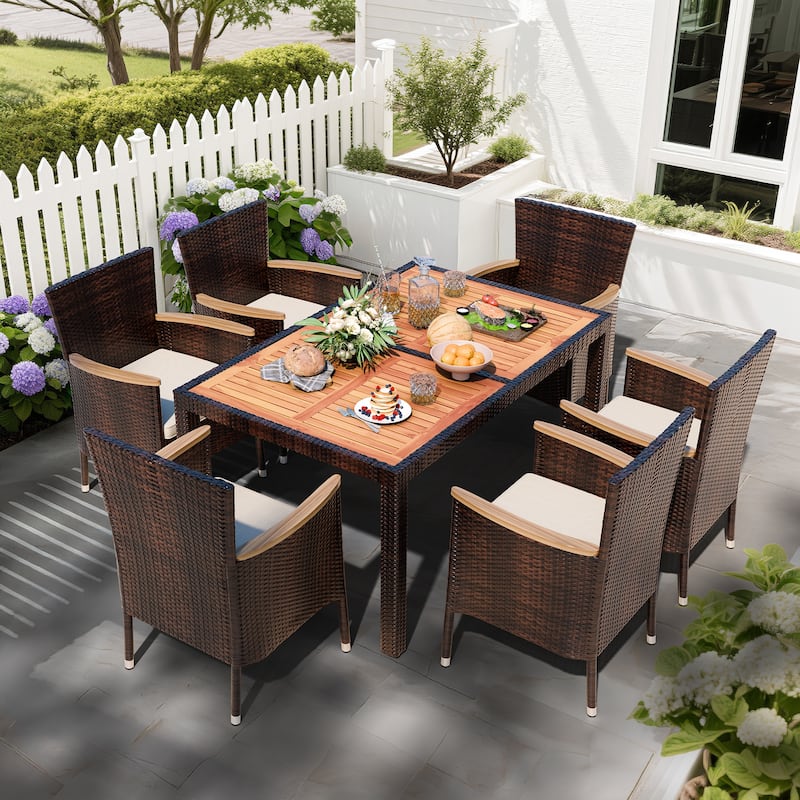 5-Piece Outdoor Wicker Dining Set with Wood Desktop Table and Chairs - N/A - 7 Pieces-Brown