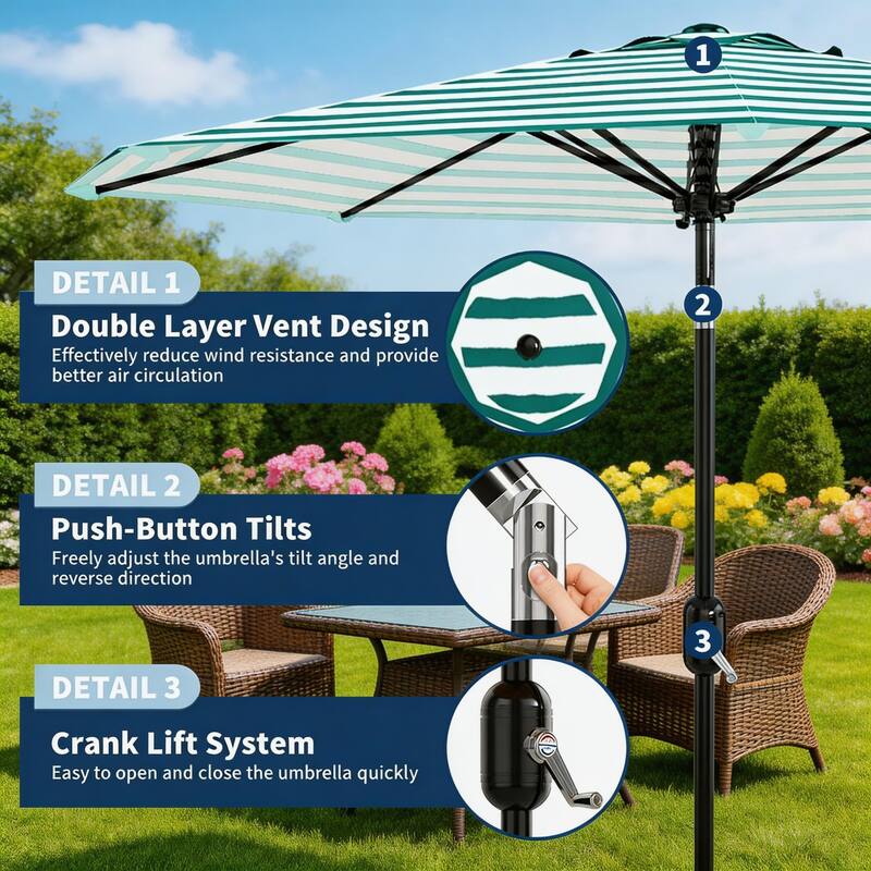 9 ft Patio Umbrella, with Crank Lift & Push Button Tilt, 8 Sturdy Ribs