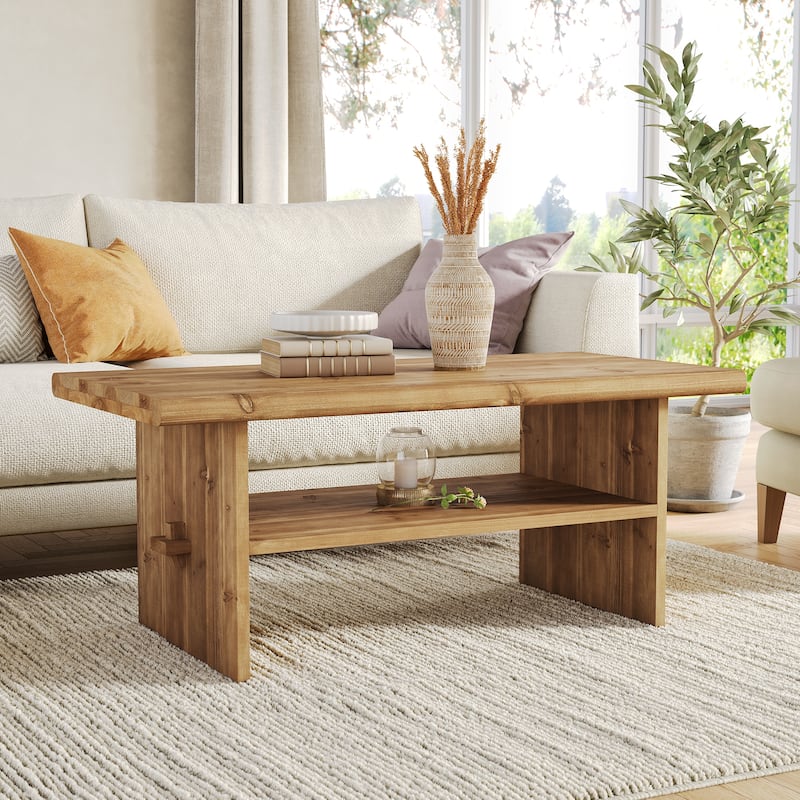 47-Inch Solid Wood Coffee Table for Living Room, 2-Tier Rectangular Center Table