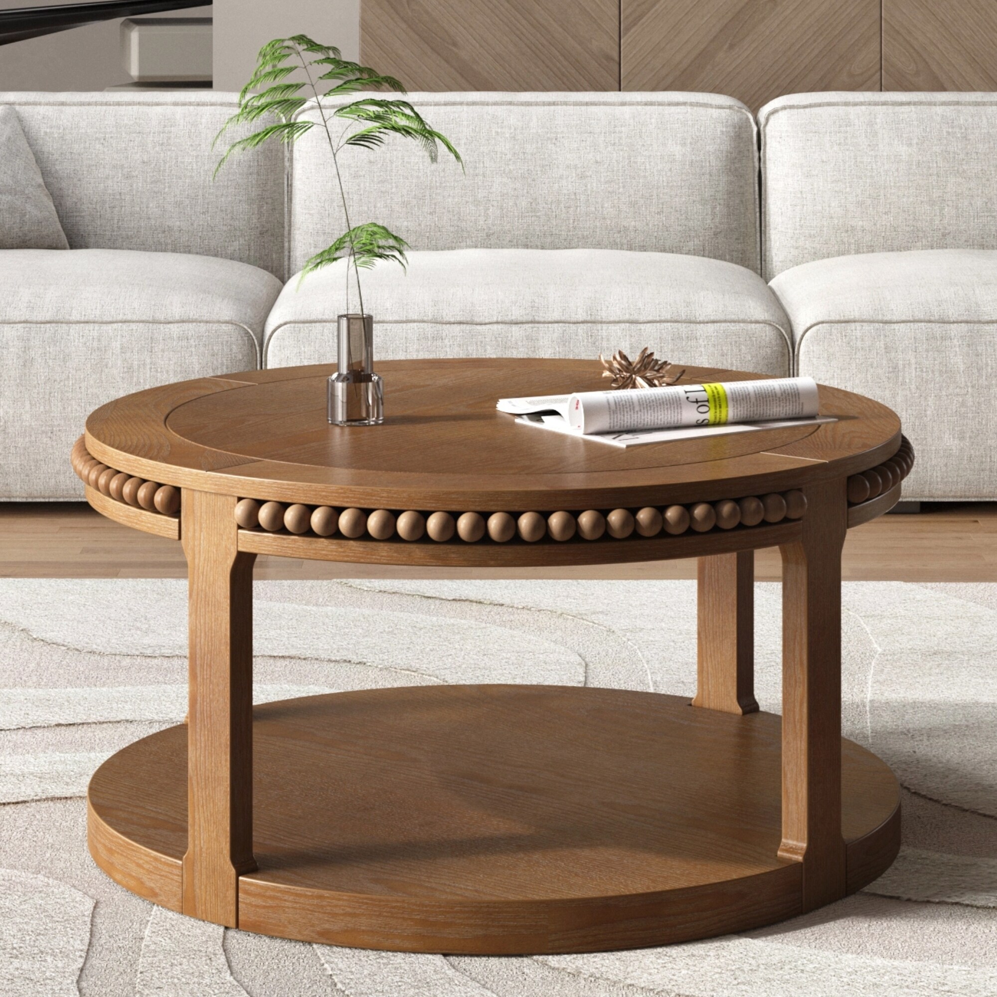 31.5 Inch Round Coffee Table with 2-Tier Storage for Living Room