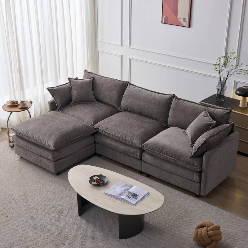 105" Modern L-Shaped Chenille Fabric Sectional Sofa with Ottoman - Grey