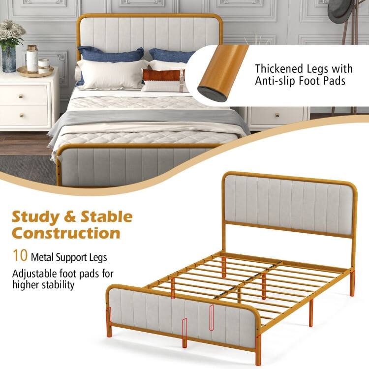 Upholstered Gold Platform Bed Frame with Velvet Headboard