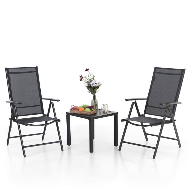 3-Piece Metal Patio Dining Set, 1 Square Table and 2 Folding Sling Chairs