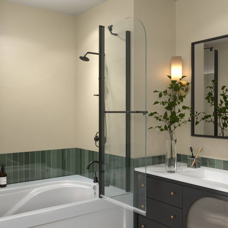 58''H Bathtub 6mm Tempered Glass Frameless Shower Door, Fixed Glass Half Panel in Black