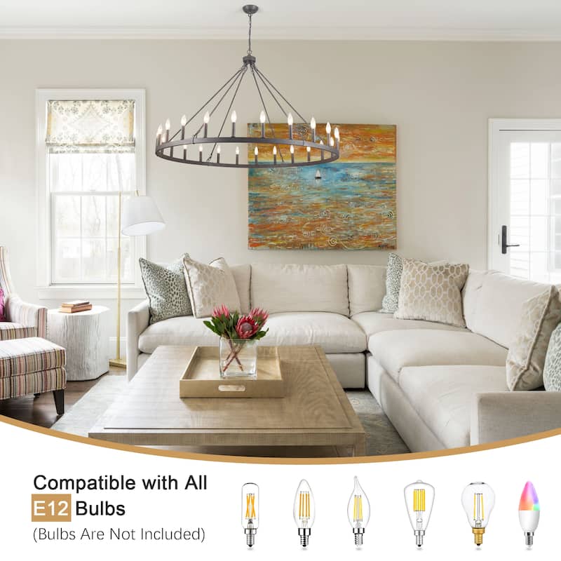 24 - Light 52in. Lagre Dimmable Wagon Wheel Chandelier Farmhouse Round Vintage Candle Style Light - N/A