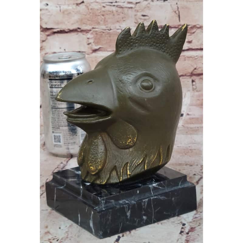 Bronze Rooster Head Bust On Marble Base – Stylized Zodiac Sculpture