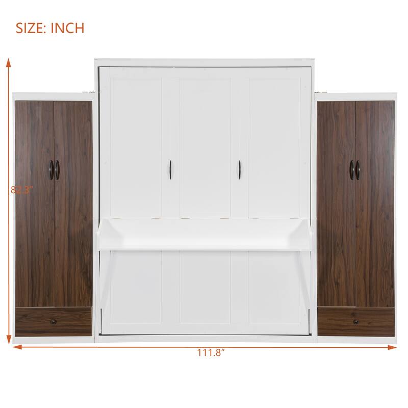 Full/Queen Murphy Wall Bed with Wardrobes, Drawers & Desk, Foldable White Bed with Storage and LED Light