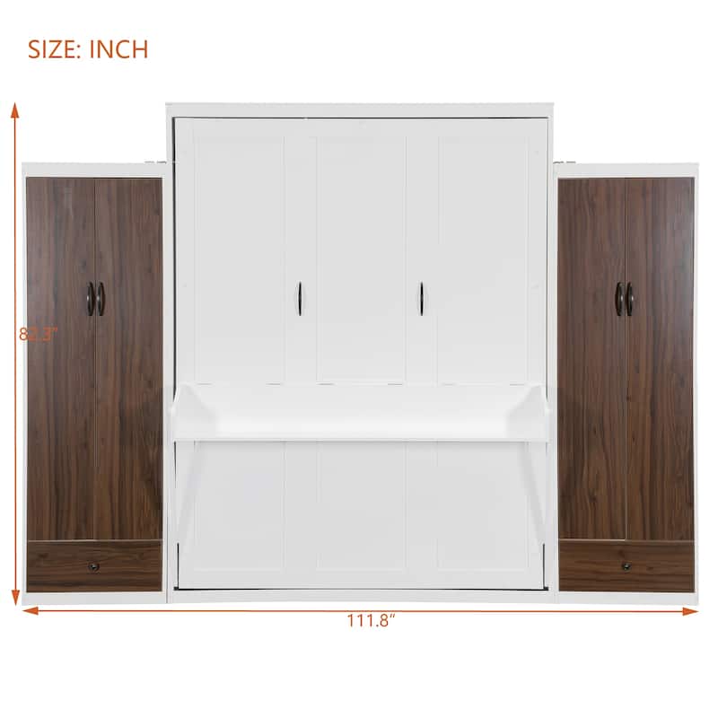 Full Size Murphy Bed with Closet, Drawers & Table Multifunctional Space-Saving Wall Bed for Small Living Spaces